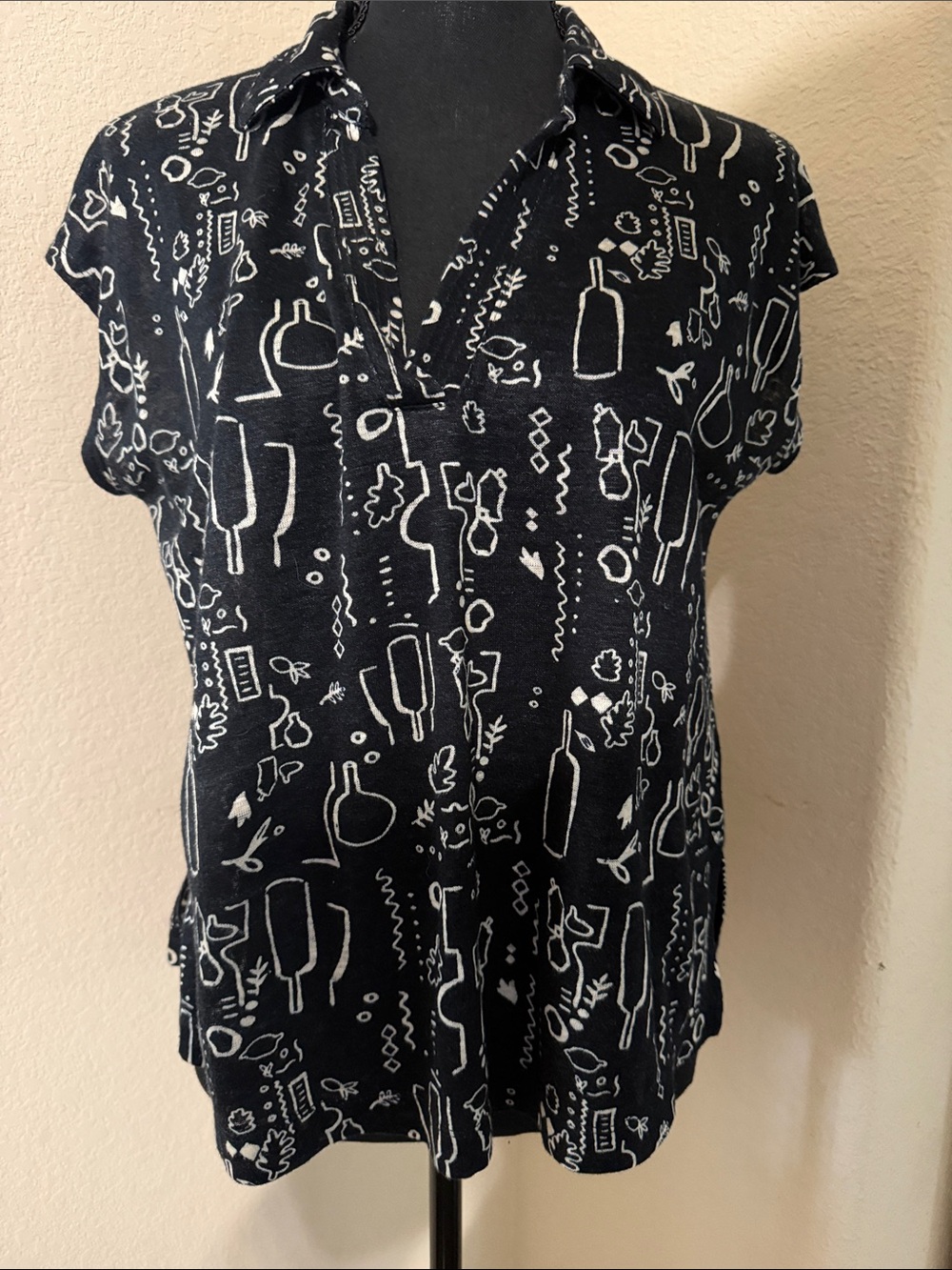 Nicole Miller Black and White Printed Linen Blouse